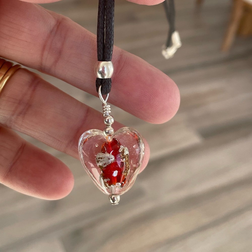 Handmade Red Foil Lined Glass Heart Necklace on 18” Black C…